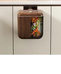 Poubelle de cuisine murale texture noyer avec couvercle anti-odeur et anti-insectes