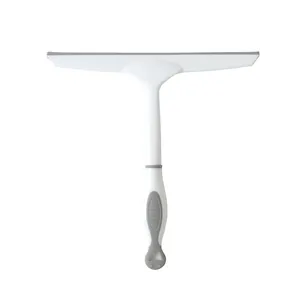 White household glass squeegee with grey silicone blade and non-slip handle for window cleaning