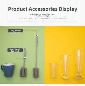 Long and short handle grey sponge bottle brushes shown with various glass cups