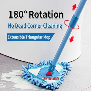 Blue 180° rotating retractable triangular mop for efficient bathroom corner cleaning