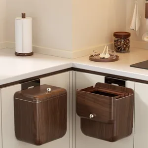 Poubelle de Cuisine Murale Avec Couvercle Texture Grain de Bois de Noyer Bac à Ordures Suspendu pour Salle de Bain Contenitore à Couvercle Coulissant