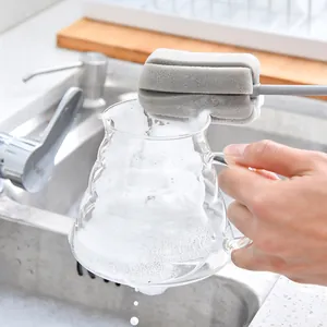 Long Handle Sponge Cup Brush For Baby Bottles Glassware Kitchen Cleaning Scrubber Tool With Hanging Hole Grey Plastic Handle