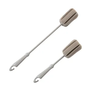 Two-piece set of long-handled sponge bottle brushes with gray handles and hanging hooks