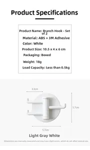 Detailed view of white ABS rotating branch hooks with dimensions and 3M adhesive backing