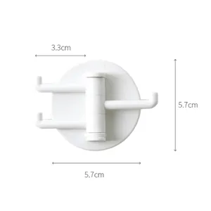 Self-adhesive white rotating 3-hook wall hanger for kitchen and bathroom storage