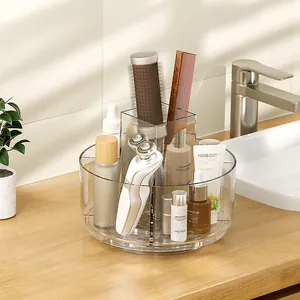 360 rotating acrylic makeup organizer on vanity for skincare and cosmetics