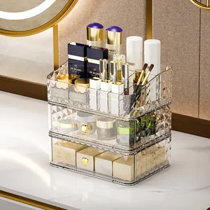 Three-tier acrylic cosmetic organizer with diamond texture and lipstick slots