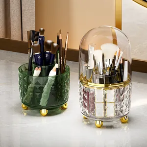 Rotating emerald and clear diamond-textured makeup brush holder with dustproof lid