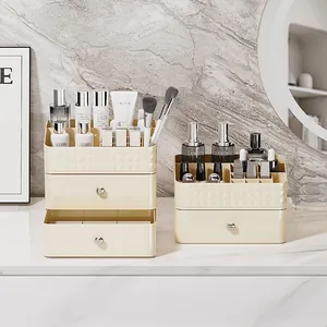 Cremefarbener Make-up-Organizer mit Diamant-Textur und eleganten Kristall-Schubladengriffen
