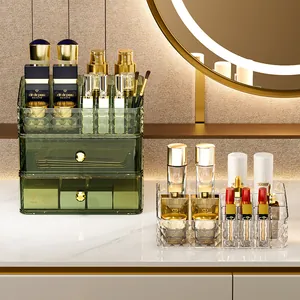 Dunkelgrüner Kosmetik-Organizer aus Acryl mit Diamant-Textur und Goldgriffen für den Tisch