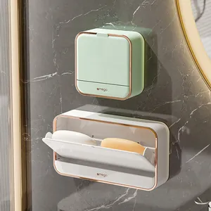 Wandgemonteerde Zeepdoos Luxe ABS Klepdeksel Zeephouder Waterdicht Afvoer Zeeprek Voor Badkamer Toilet Opslag Organisatie