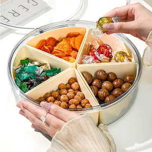 Round divided snack tray with 5 beige compartments and clear lid for sweets and nuts