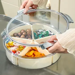 Luxury divided fruit tray with six compartments, transparent lid, and silver handles