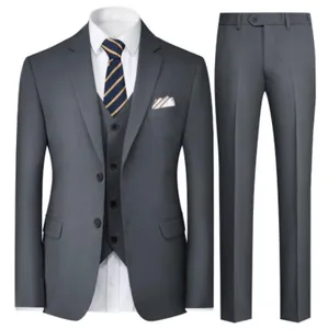 Donkergrijs driedelig slim fit herenkostuum inclusief colbert, gilet en nette broek