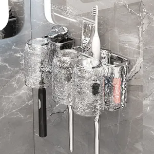 Toothbrush Holder Wall Mounted Plastic Water Ripple Transparent Cups Bathroom Storage Rack No Drill Dustproof Luxury
