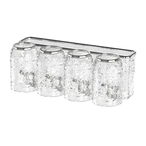 Set of 4 hammered glass cups in soda can shape with transparent rectangular storage tray