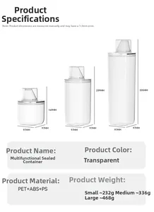 Detailed dimensions and specifications for three sizes of transparent storage jars