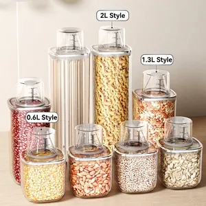 Transparent food storage containers with measuring lids for kitchen grains and dry goods