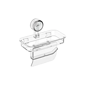Wall-mounted bathroom shelf with suction cup and toilet paper holder in clear acrylic