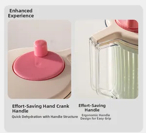 Macro view of the labor-saving crank handle on the pink vegetable salad spinner