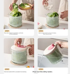 Four-step guide for manual vegetable spinner showing washing and drying process