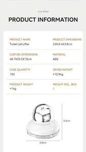 Detail view of the silver ABS toilet lid lifter including dimensions and material specs