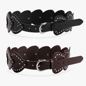 Dames Punk Stijl Hartvormige Klinknagel Splicing Riem Kunstleer Brede Tailleband Legering Gesp Decoratieve Riem Voor Dames