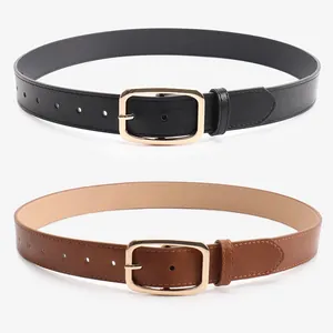 Minimalistische dames lederen riemen in zwart en bruin met gouden vierkante gespen