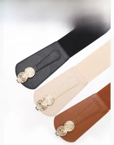 Elastic waist belts in black, beige, and tan with vintage gold buckle for coats