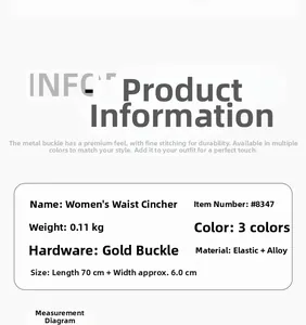 Size chart showing width 6.0cm and length 70cm for the elastic waist belt with alloy buckle