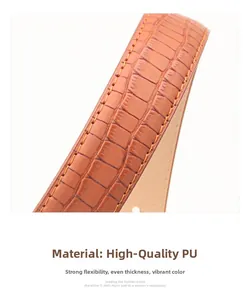 Detailed macro view of caramel brown PU leather belt with embossed crocodile texture