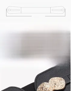 Detail view of 70cm black elastic waist belt with gold coin design buckle for coats