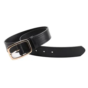Minimalistische zwarte leren riem met gouden vierkante gesp voor damesjeans