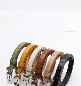 Detail of colorful crocodile texture belts with elegant silver oval metal buckles