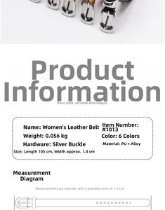 Detailed size guide for skinny faux leather belt with silver buckle and 1.4cm width