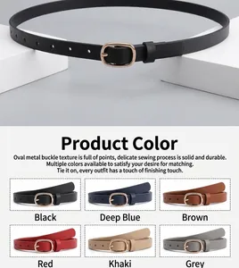 Détail d'une fine ceinture en cuir avec boucle dorée ovale et choix de couleurs