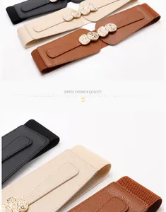 Detail of elastic waist belts in black, apricot and brown with gold coin buckles