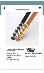 Détail d'une ceinture fine en cuir PU de 1,5 cm avec boucle en alliage pour femme