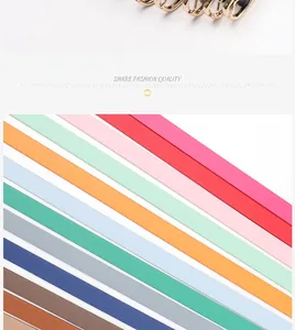 Detailed view of colorful leather belts with elegant golden oval pin buckles