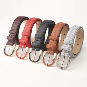 Women Vintage Crocodile Pattern PU Leather Belt With Gold U-Shaped Alloy Buckle Casual Business Dress Waist Belt For Jeans