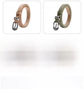 Detail of khaki and olive green thin belts with crocodile texture and silver buckles