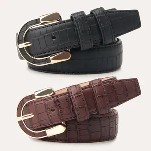Elegant crocodile embossed PU leather belts in black and brown with golden horseshoe buckle
