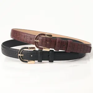 Vintage crocodile pattern PU leather belts with gold U-shaped buckles in black and brown