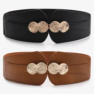 Women Retro Coin Design Elastic Waist Cinch Belt Wide Faux Leather Stretchy Waistband Decorative Buckle For Coats Dresses