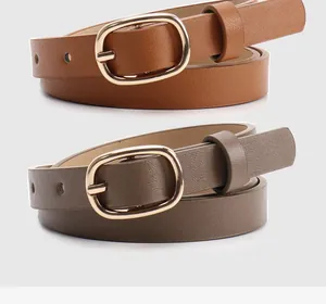 Macro shot of brown and coffee leather belts with gold oval pin buckles on white back
