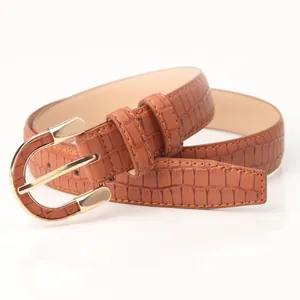 Brown crocodile pattern PU belt with polished gold alloy buckle for women jeans