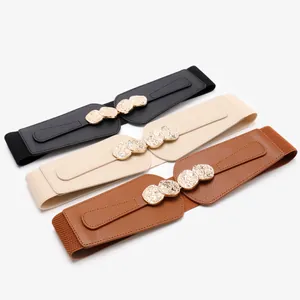 Elastic wide corset belt for women with retro gold coin buckles in black brown beige