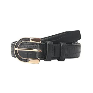 Women's black faux leather belt with crocodile pattern and golden horseshoe buckle