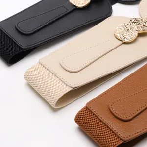 Elastic wide belt for women with retro coin buckle in black, beige and brown colors