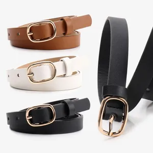 Women Minimalist PU Leather Skinny Belt With Gold Oval Pin Buckle Versatile Thin Decorative Waist Strap For Dress Jeans Elegant Accessories